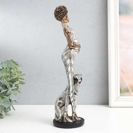Polystone souvenir "African with a jug, with panther" silver 29.5x8x8.5 cm-1