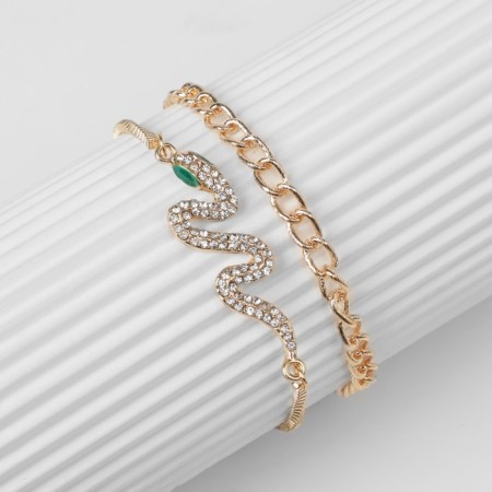Bracelets set 2 pcs. "Snake" and a chain, white-green color in gold-1