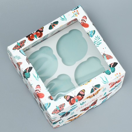Capcake box, confectionery packaging double -sided, 4 cells "Butterflies", 16 x 16 x 10 cm-2