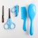 A child care set, 5 items: brush, comb, safe scissors, files and nail tongs, blue color