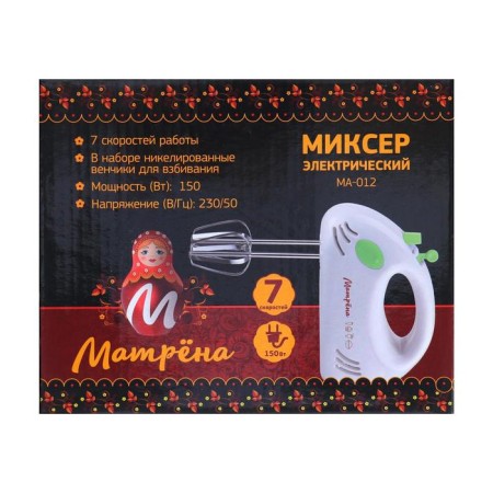 Mixer "Matryona" MA-012, manual, 150 watts, 7 speeds, 2 nozzles, white-green-7