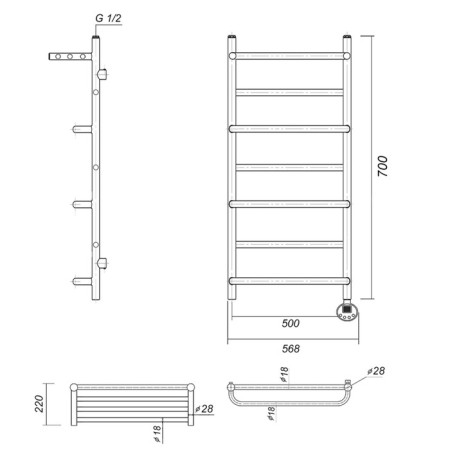 Domoterm electric heated towel rail "Orpheus" P7, 500x700 mm, with a shelf, right, bronze-3