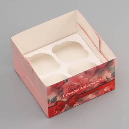 Box for 4 cupcake with a transparent lid, "tender", 16 × 16 × 10 cm, confectionery packaging-2