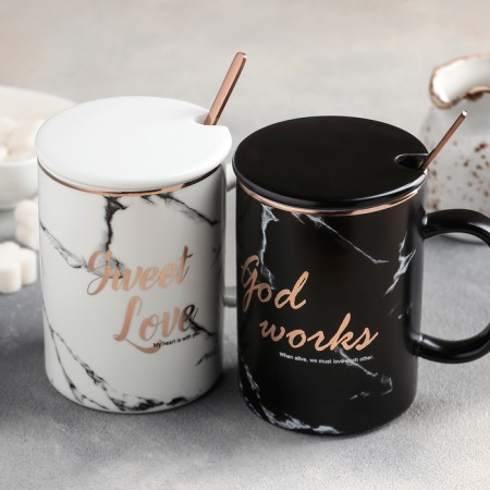Ceramic mug with a lid and a spoon "Belluno", 450 ml, Mix drawing-2