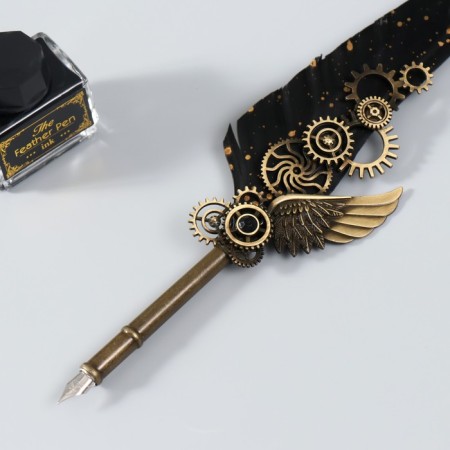 Feature handle set with interchangeable feathers+stand+ink+wax+print 26x12x4 cm-4