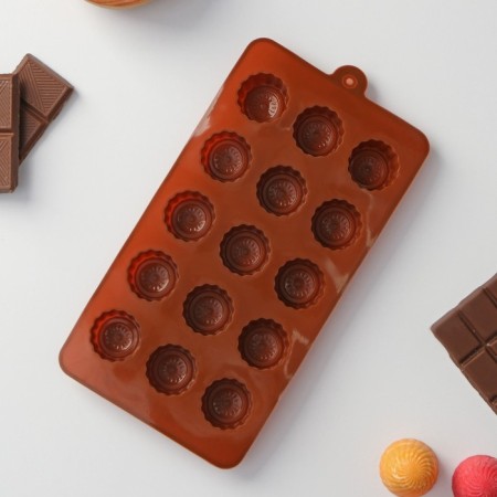 Condody shares form for chocolate, silicone, 20 × 11 × 1.5 cm, 15 cells (2.5 × 2.5 × 1.5 cm), brown color-2