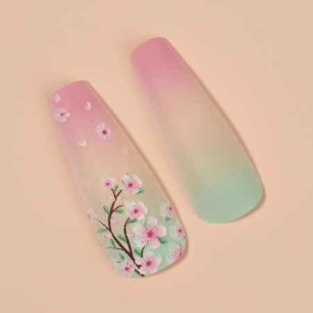 Sakura's overhead nails, 12 pcs, with glue plates, ballerina shape, pink/green color-3