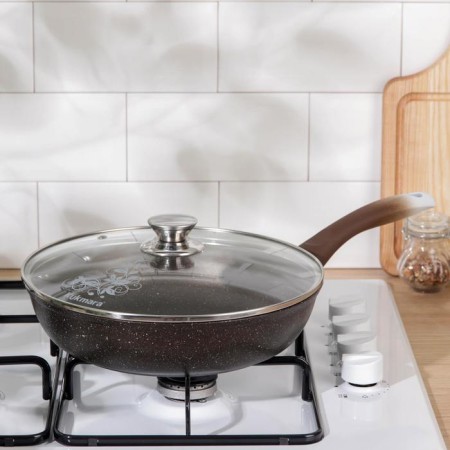 Pan, d = 26 cm, h = 6 cm, plastic handle, glass cover, anti -stick coating, color coffee marble-5