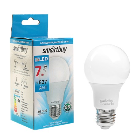 LED LED SMARTBUY, E27, A60, 7 W, 6000 K, cold white light