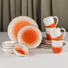 A set of porcelain dishes of the Cosmos, 16 objects: 4 plates d = 21 cm, 4 plates d = 27.5 cm, 4 bowls d = 13 cm, 4 mugs 400 ml, color orange color