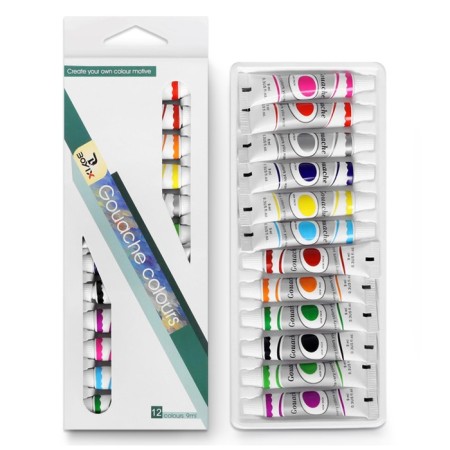 Gouache paints, 12 colors, in a plastic tube, 9 ml, in a cardboard box