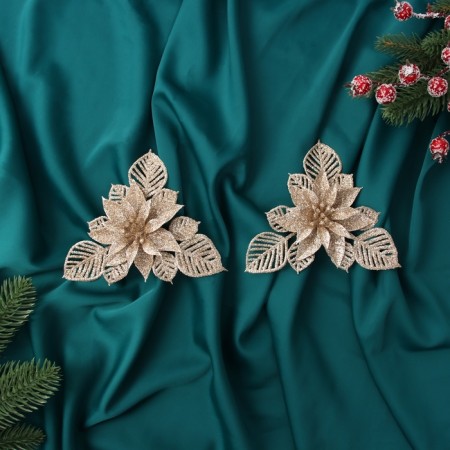 Christmas tree decoration "Flowers with luster leaves" (set 2 pcs) on clamps, 10.5x13 cm, gold