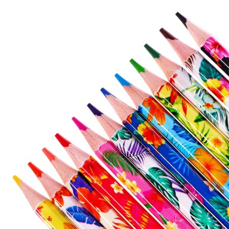 Pencils 12 colors in a cardboard box, hexagonal, wooden, flowers on a black mix-3