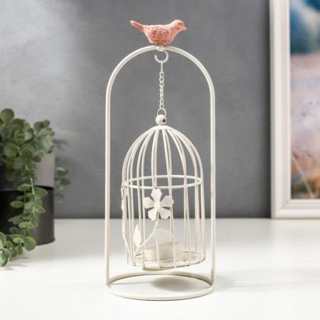 Summary Metal for 1 candle "A cage with flowers with pink bird" White 28.5x12x12 cm-1