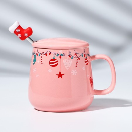 New Year! New Year's Ceramic mug with a spoon "warmth and comfort!", 350 ml, pink color-10