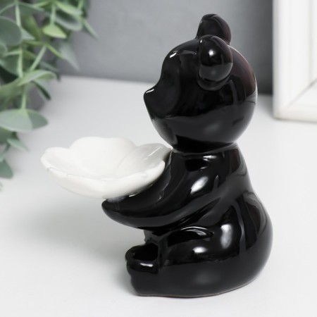 Souvenir ceramics stand "Bear with white flower" black 7x9x10.5 cm-1