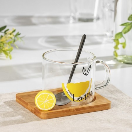 Glass mug with a wooden stand and spoon "Lemon", 300 ml, MIX drawing