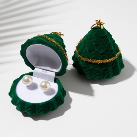 New Year! Velvet case for earrings/ring "Christmas tree", 5.9 × 6.2 × 6.2cm, color green-gold-1