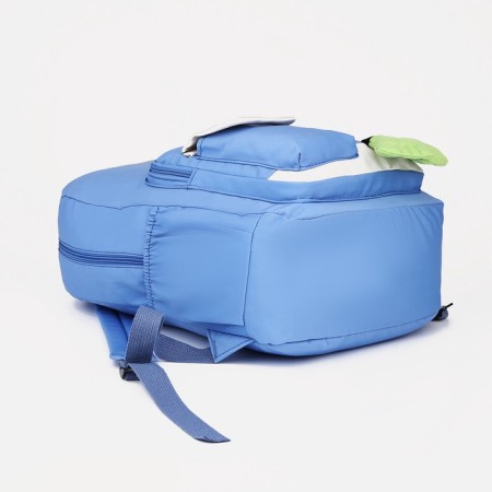 A backpack with a zipper, 4 external pockets, the color is light blue-3