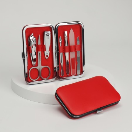 Manicure set, 7 items, in case, red color