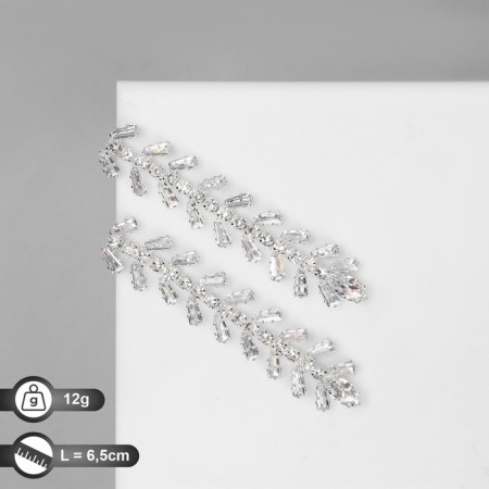 Hanging earrings with rhinestones "bunch" rectangles, white color in silver, 6.5 cm
