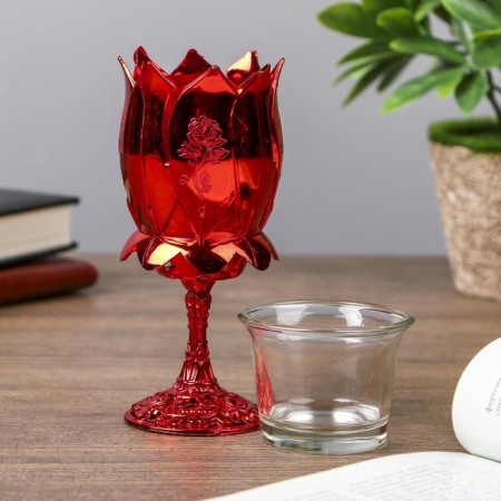 Climber Plastic, glass for 1 candle "rose" glass on the leg red 13x6x6 cm-2