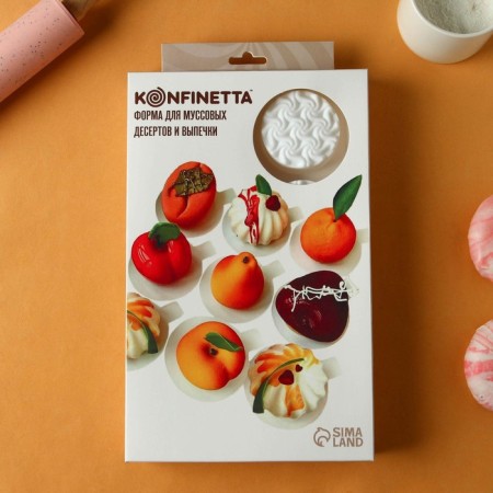 Form for mousse desserts and baking konfinetta "whirlwind", silicone, 26.5 × 17 × 3.5 cm, 8 cells (d = 6 cm), white color-6