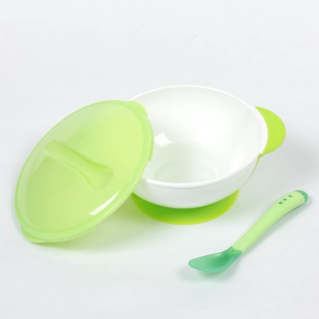 Set for feeding, 3 items: Misk 350 ml on suction cup, cover, spoon, green color-2