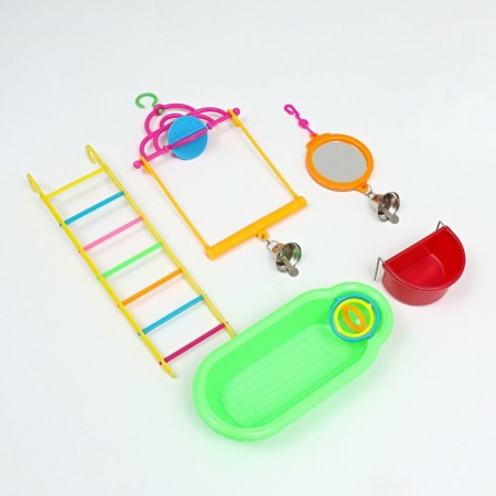A set of bird toys (bath, feeder, mirror, swing, ladder), 35 x 28 cm