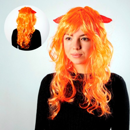Carnival wig, with red horns, redhead, 130 g