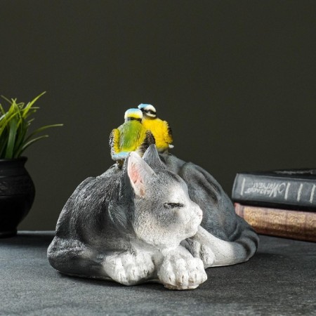 Garden figure "Cat lying with birds" 17x27x17cm-7