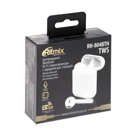 Ritmix RH-804BTH TWS headphones, wireless, inserts, microphone, BT 5.0, 40/300 mAh, white-7