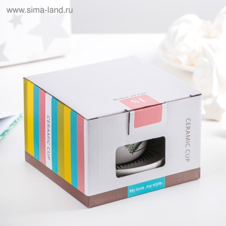 Ceramic tea set with a spoon "Botany", 2 items: a cup 200 ml, saucer, color mix-10