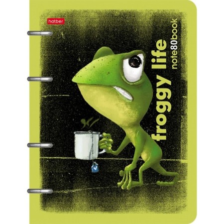 Notebook on 4 rings, A5, 80 sheets, in a cage, "frog Cyrus", slim-cartoon cover, glossy lamination, offset block