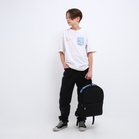 School textile backpack with print on the upper part of So what, 38x29x11 cm, black color is black-11