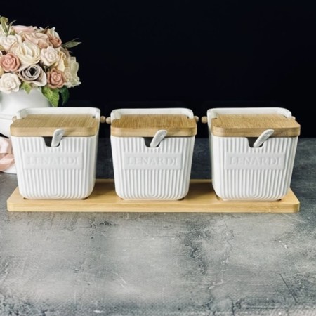 A set of cans with spoons on the Lenardi Bamboo stand, 350 ml, 3 pcs