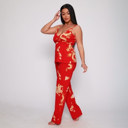Female set (robe/top/pants), red color, size 48-4