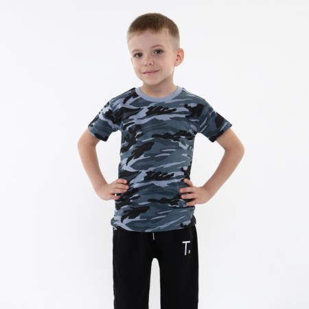 T-shirt for a boy, gray/camouflage color, height 134-140 cm