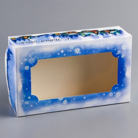 New Year. Folding box, confectionery packaging with the Winter Village window, 25 x 15 x 7 cm-2