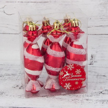 Christmas tree decoration "Striped sweets" (set 6 pcs) 3.5x10.5 cm, red-white-1
