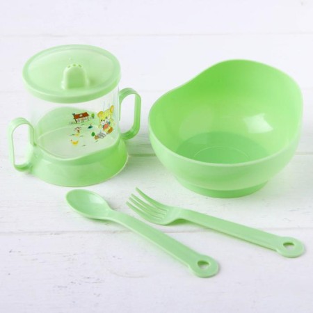 A set of children's dishes, 4 items: bowl, spoon, fork, chip with solid nose 200 ml, MIX color-1