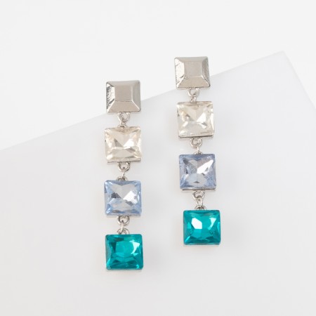 Earrings with “Bloom” rhinestones, light squares, colored in silver-1