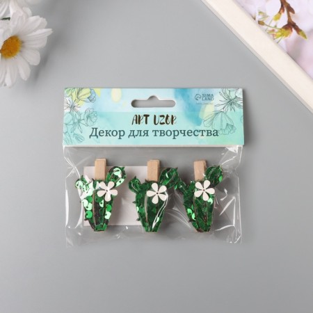 Decor for creativity wood "clothespin. Long cactus" sequin set 3 pcs 1.5x3.4x4.8 cm-3