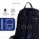 A backpack with a zipper, 5 outer pockets, pencil case, blue color