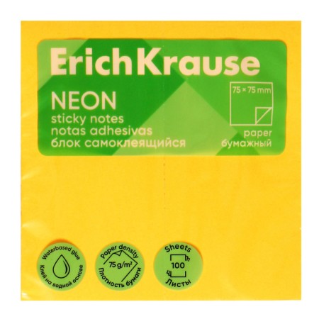 Block with a sticky edge paper 75x75 mm, Erichkrause "Neon", 100 sheets, orange-1