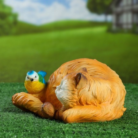 Garden figure "Sleeping cat with a bird" 13x29cm-1