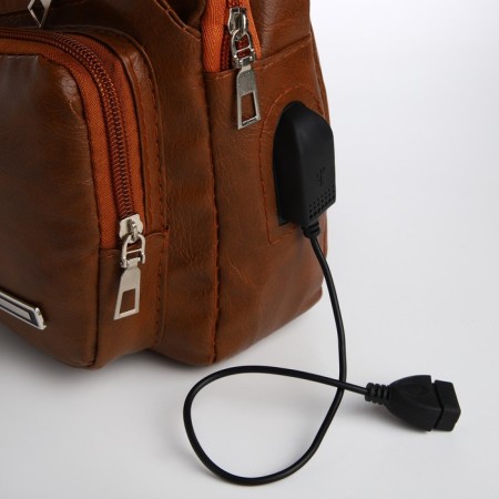Male sling bag made of artificial leather, with USB, brown color-3