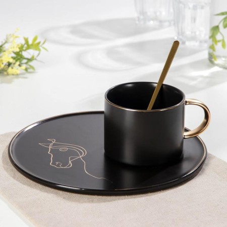 Tea couple ceramic with a spoon "Silhouette", 2 items: 260 ml mug, plate d = 19.6 cm, MIX drawing-4
