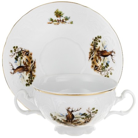 A cup with a saucer for the Bernadotte broth, decor "Hunting plots"-4