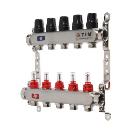 Collector group TIM KDS5005, 1 "x 3/4", 5 outputs, flow meters, without cranes, stainless steel. Steel 653436